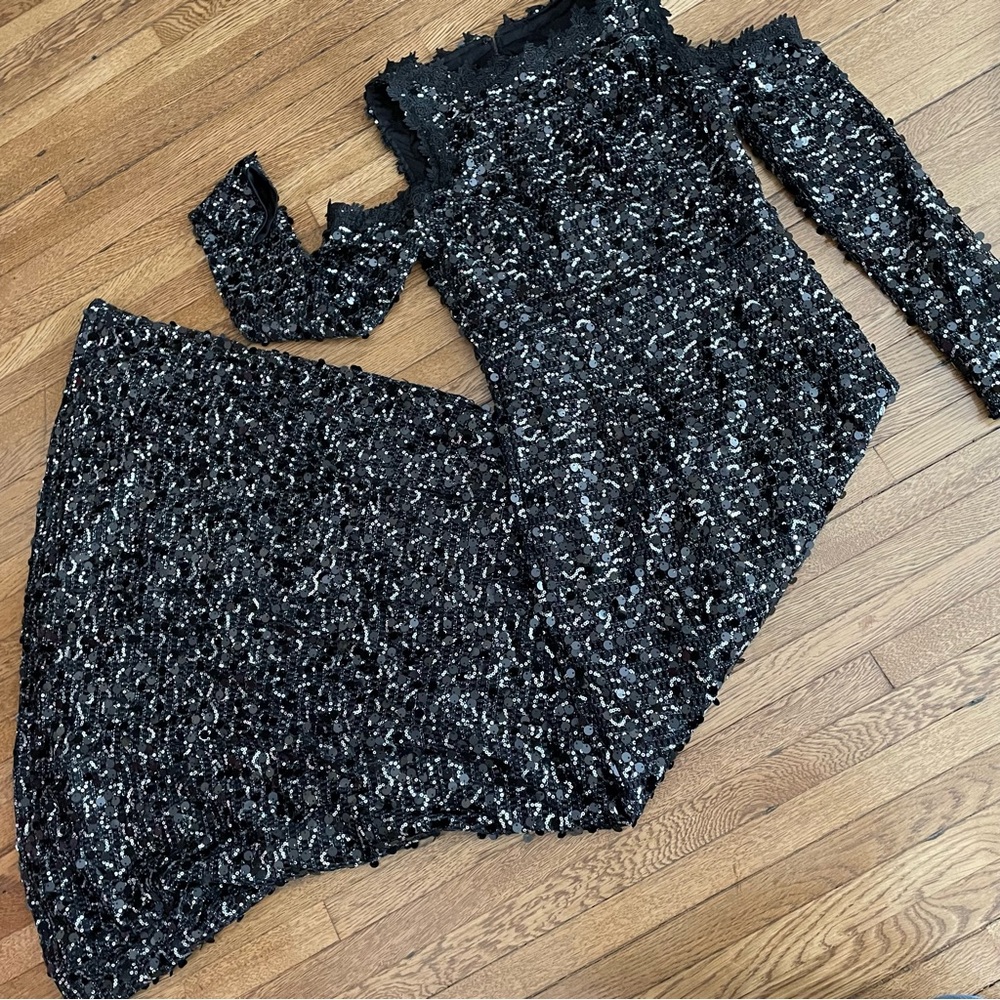Paris Prom long black sequin dress cold shoulder open back mermaid small